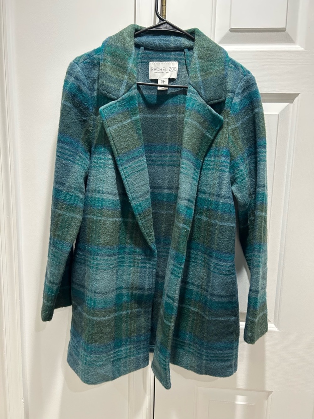 Rachel Zoe Teal and Green Plaid Open Blazer Coat